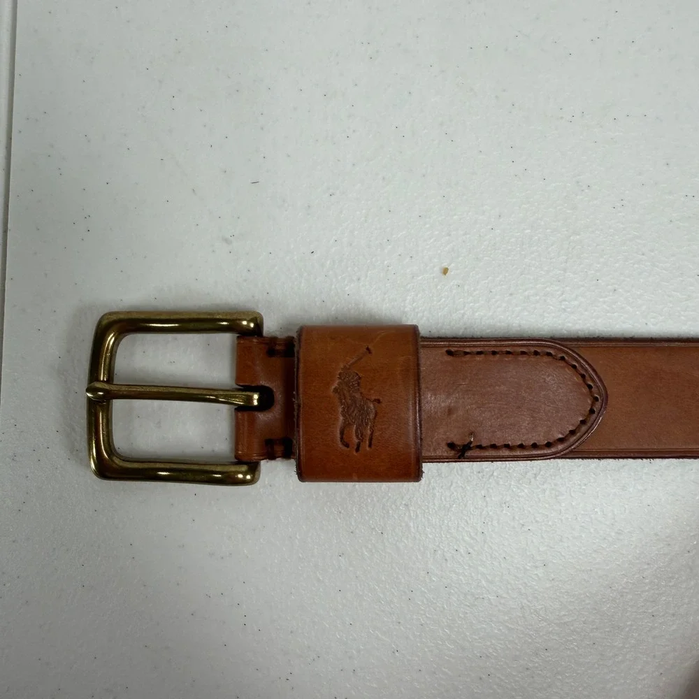 Polo Ralph Lauren 34 Belt Italian Leather Brass Buckle Logo Brown Rugged Preppy